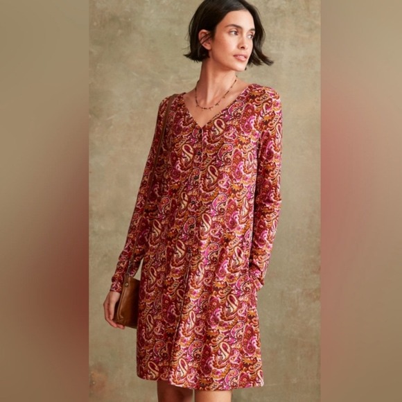 Garnet Hill Dresses & Skirts - Garnet Hill Phoebe Button Front Knit Dress Spiced Rose Ikat Size Small NEW NWOT